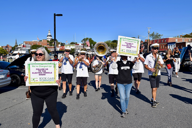Naptown Brass Band leads a Second LIne parade to the Annapolis NDEW Kick Gas EV Showcase Sept 2021