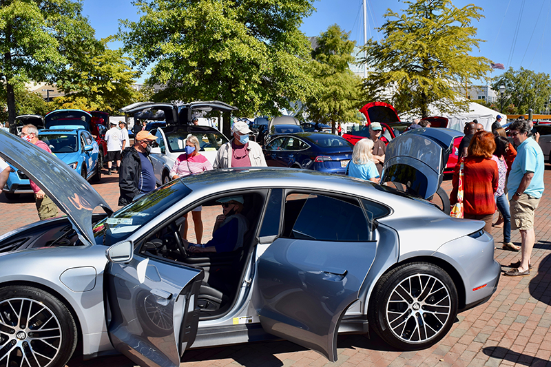 People check out Electric Vehicles at Annapolis NDEW Kick Gas EV Showcase Sept 2021