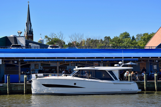Greenline 39' hybrid electric yacht at Annapolis NDEW Kick Gas EV Showcase Sept 2021